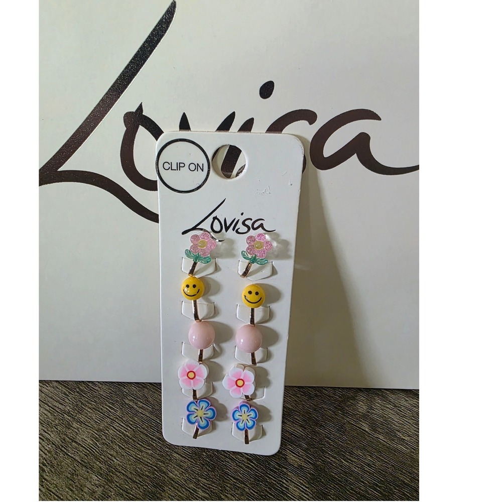 Lovisa Kids Clip On Earring Set 5 Pairs Flowers Smiley Face Pink Pearl Gold Tone